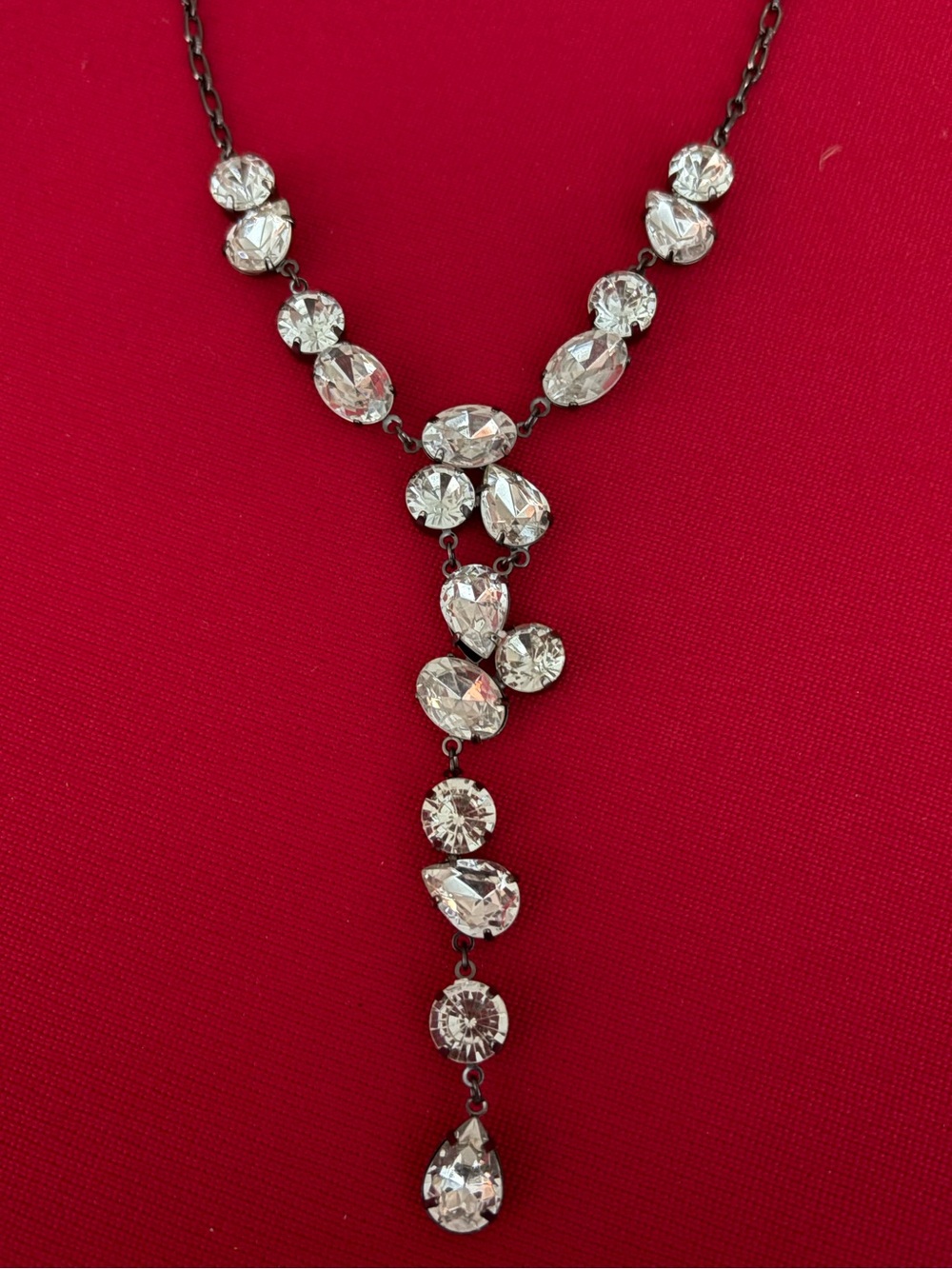 GUESS Gunmetal Rhinestone Lariat Necklace Adjustable 18”-20”